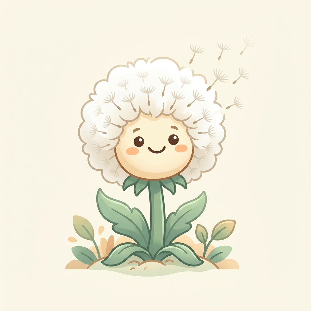 Fluffy dandelion mascot representing growth and nurturing